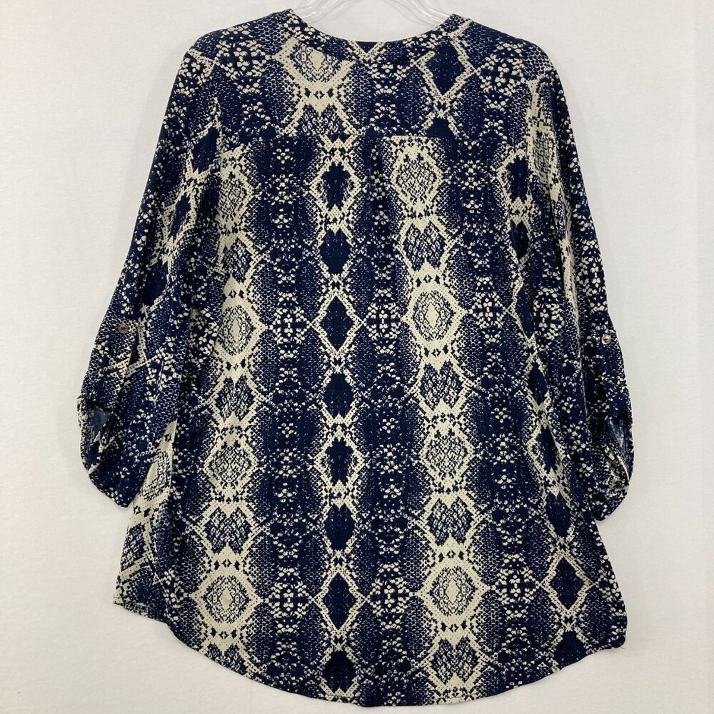 Joseph Ribkoff size 10 Blue Tan‎ Abstract Animal Print Stretch 3/4 Sleeve Blouse - Picture 9 of 9